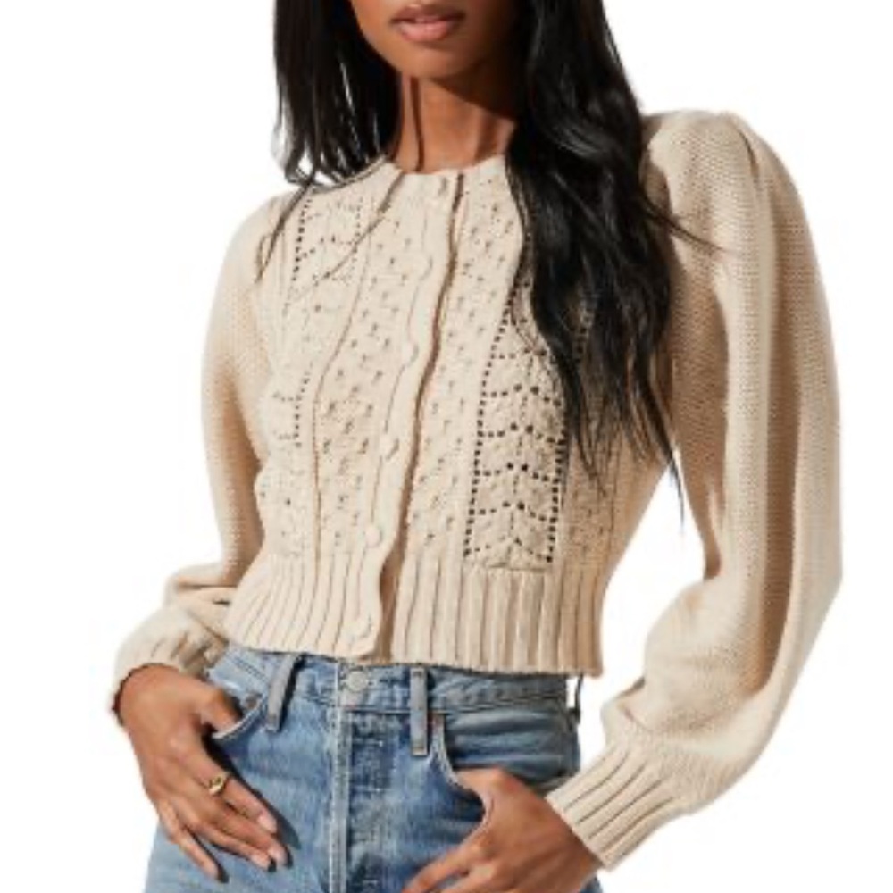 Astr Cream Knit Pointelle Button-Front Cardigan